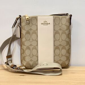 Coach CR426 Mini Rowan File Bag Light Khaki Signature Chalk Center Stripe MINT
